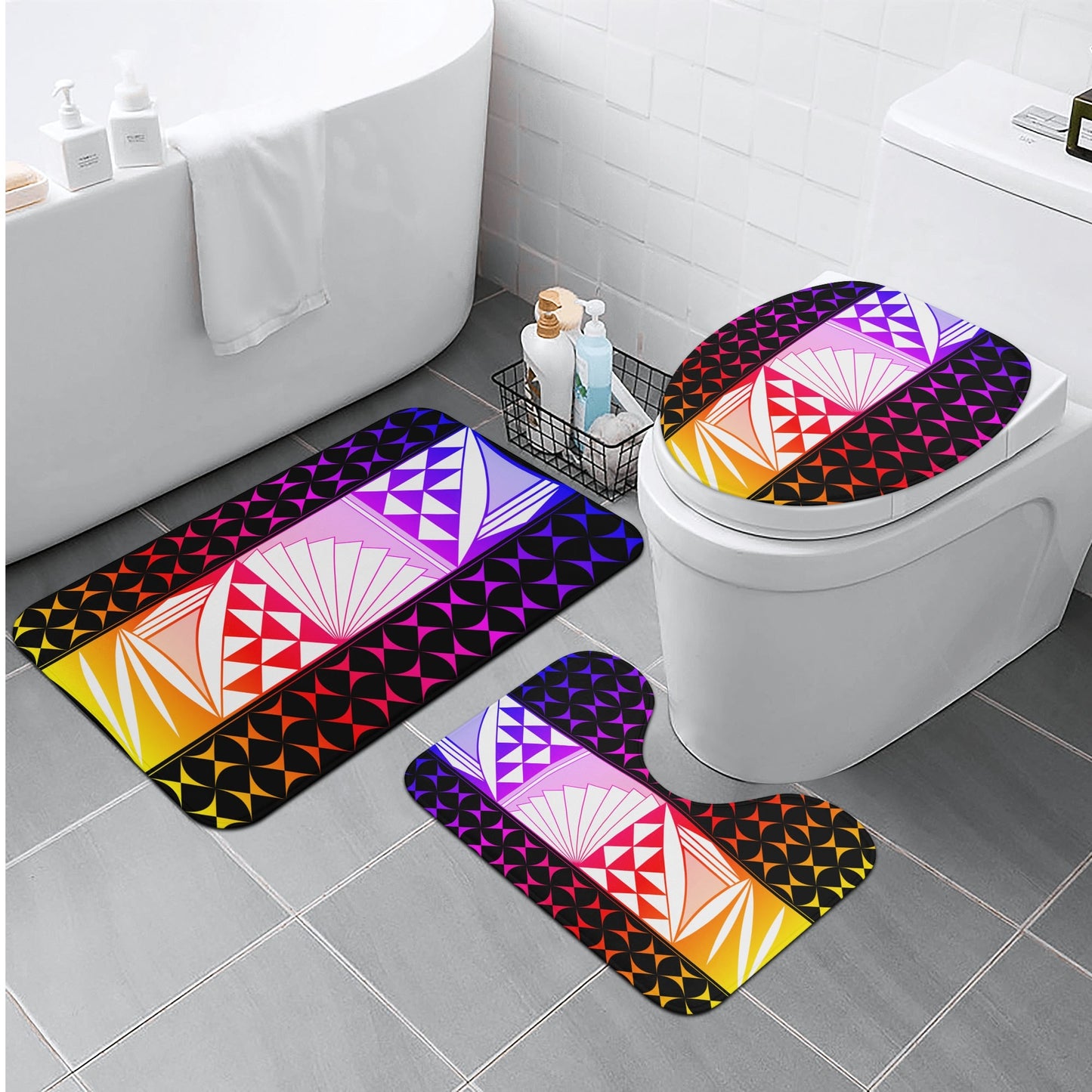 Rainbow Sunrise on Black Bath Rug Set