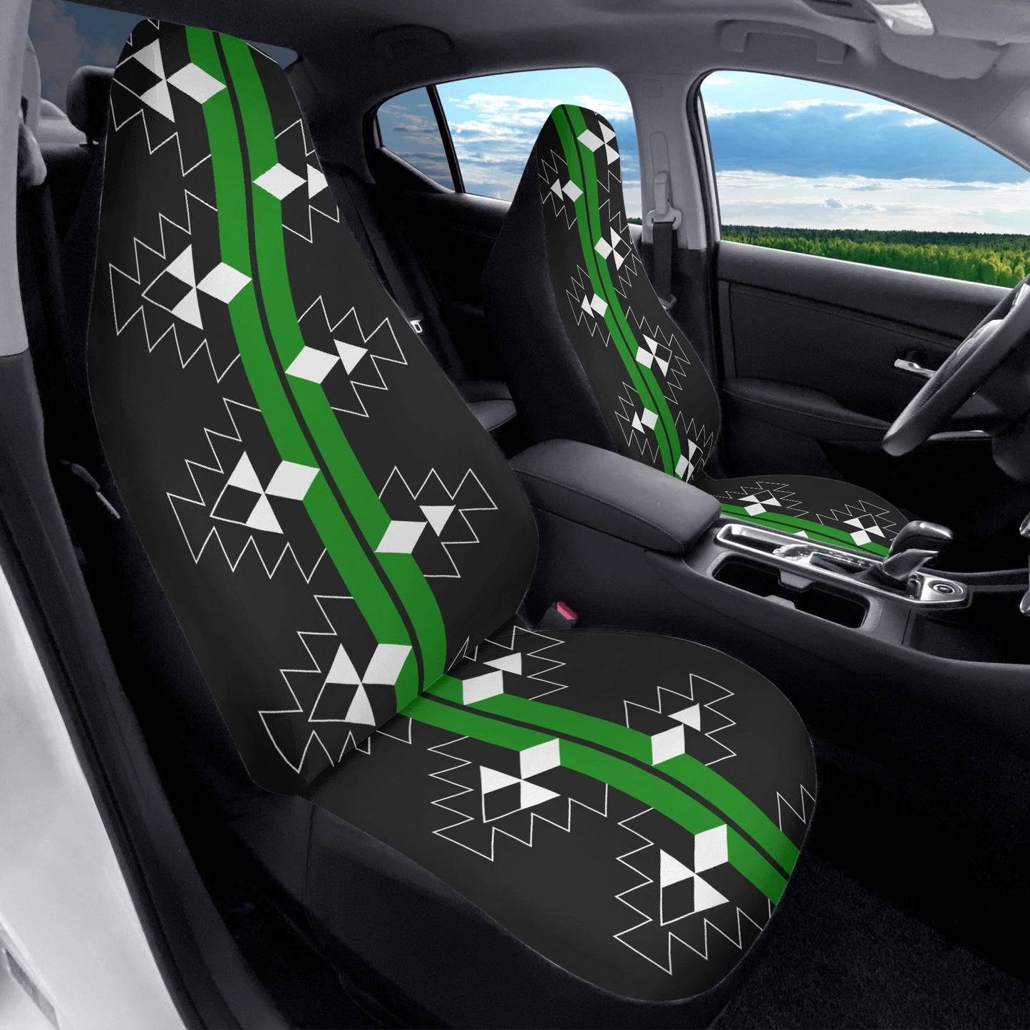 Native Woven Stories in Green Auto Seat Covers