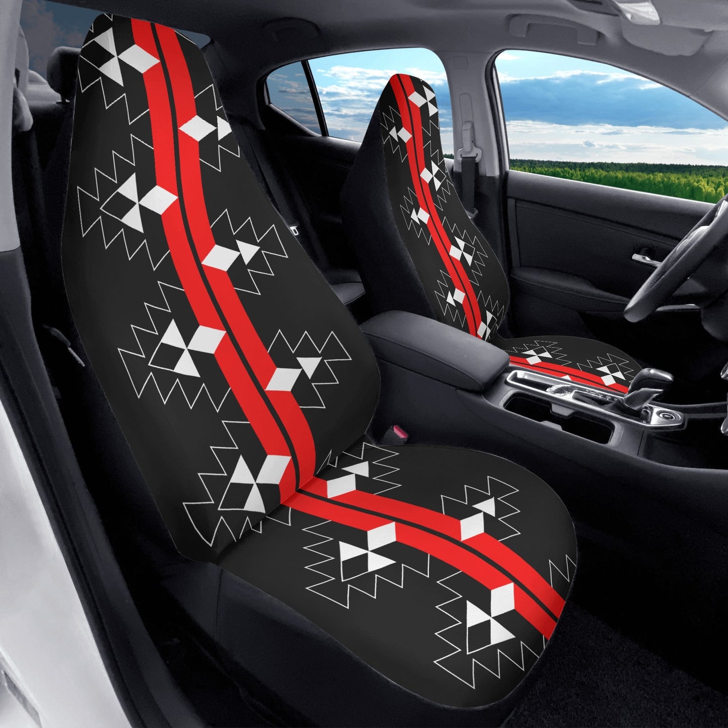 Native Woven Stories in Red Auto Seat Covers