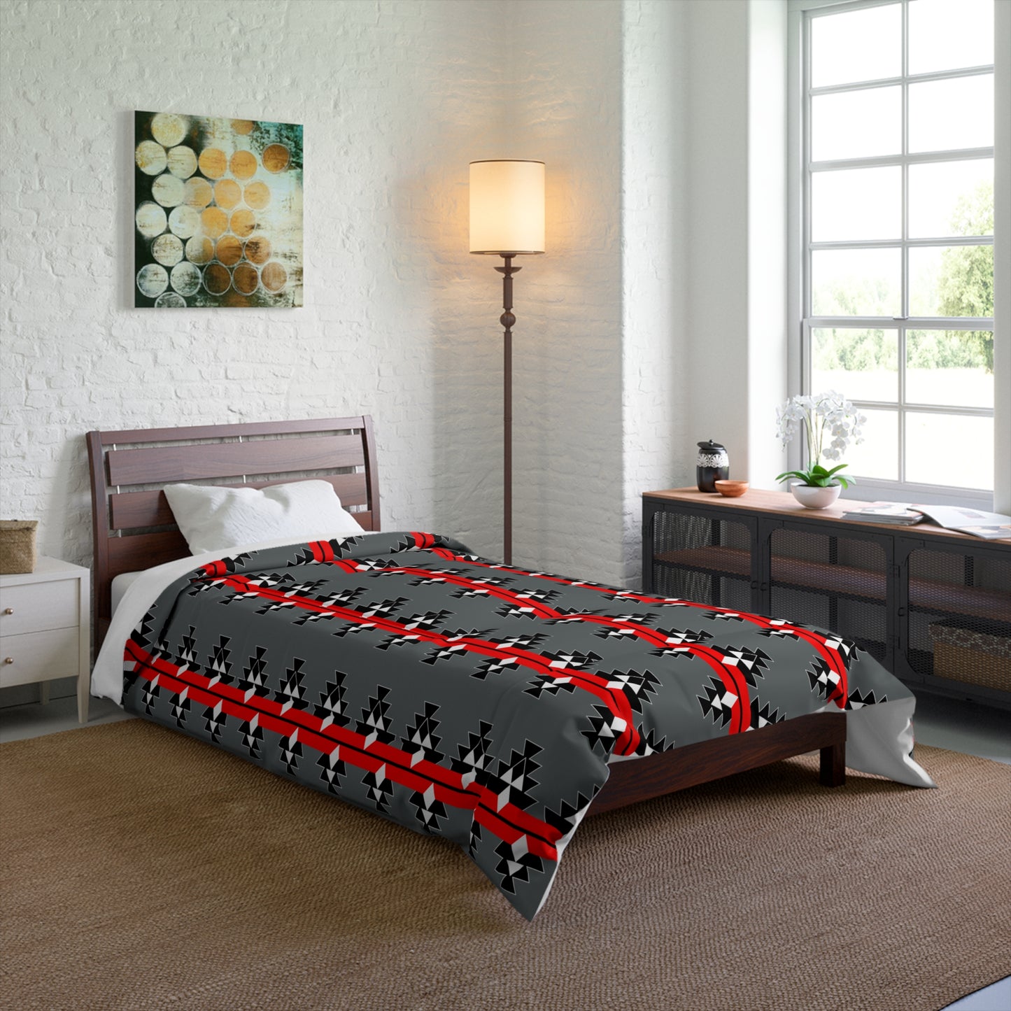 Native Woven Stories on Gray Comforter