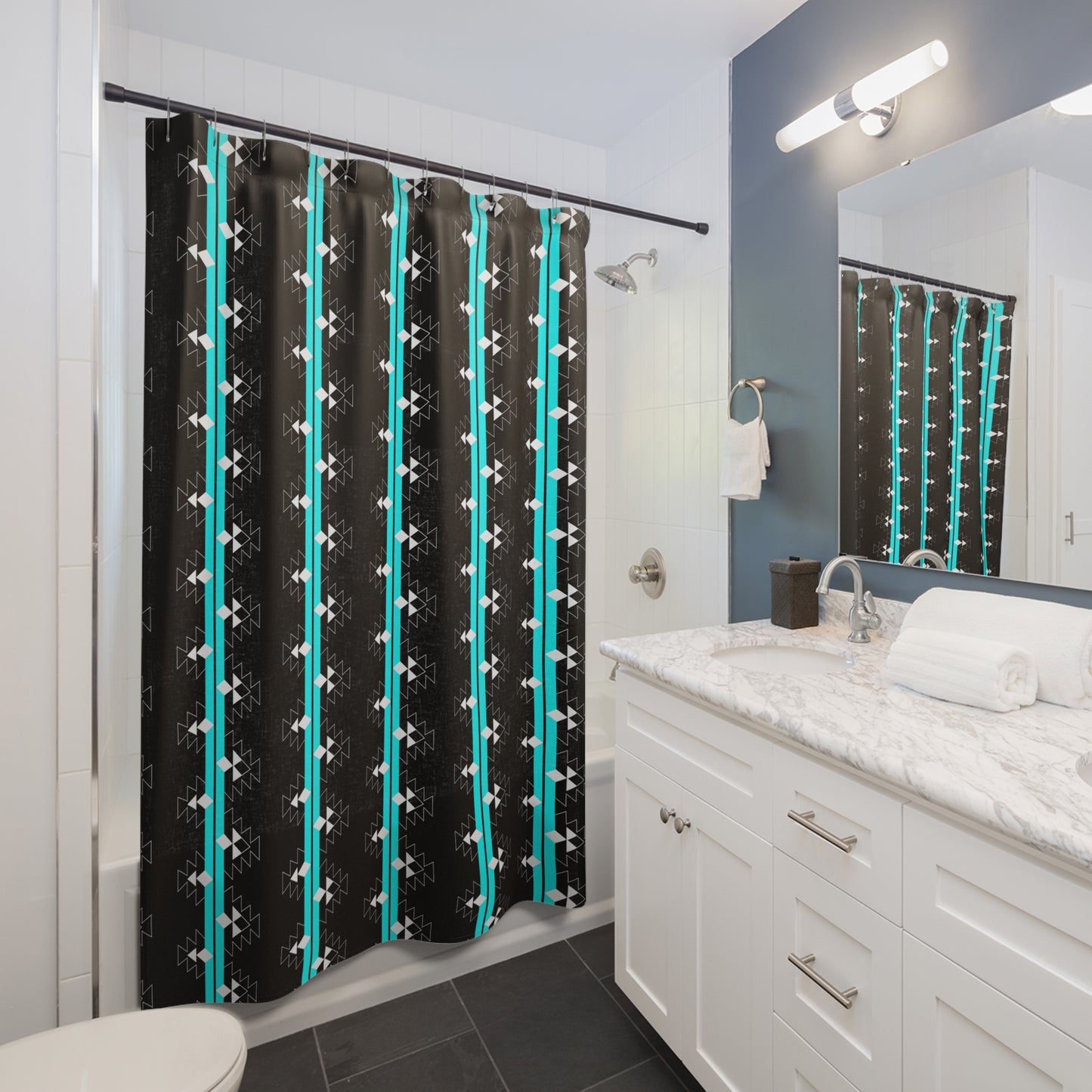 Turquoise Native Woven Stories Shower Curtains