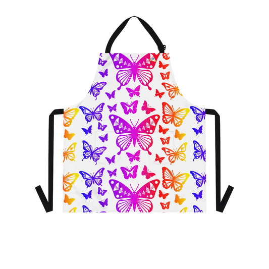 Rainbow Butterflies in White Two Pocket Apron