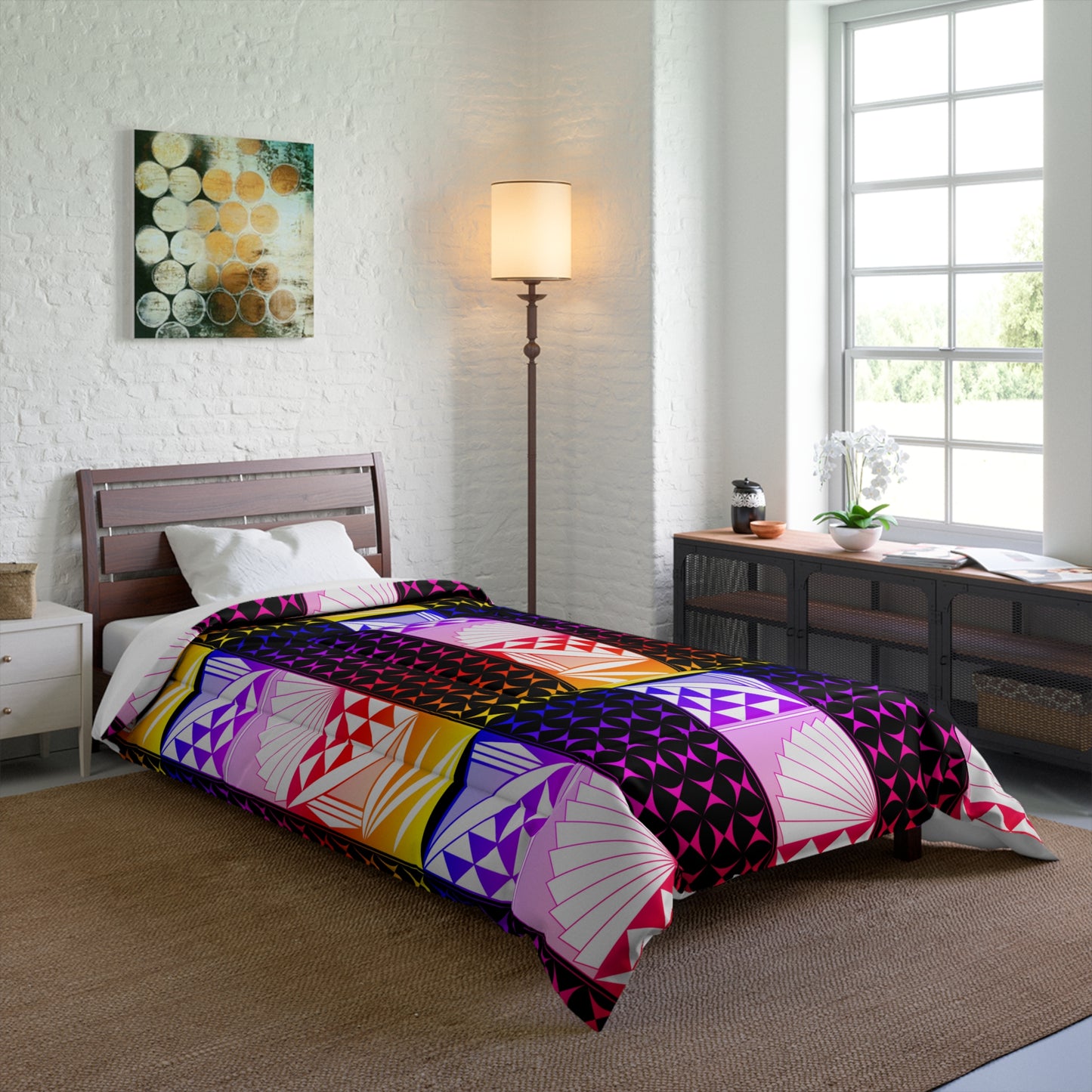 Rainbow Sunrise on Black Comforter