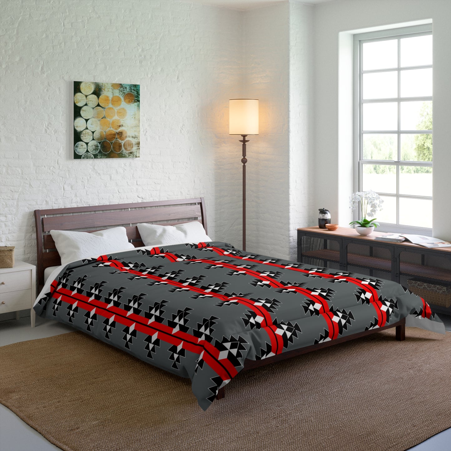 Native Woven Stories on Gray Comforter