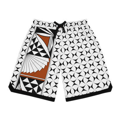 A pair of basketball shorts with a geometric pattern in black, white, and brown colors, featuring a ribbed bottom hem and black detailing.