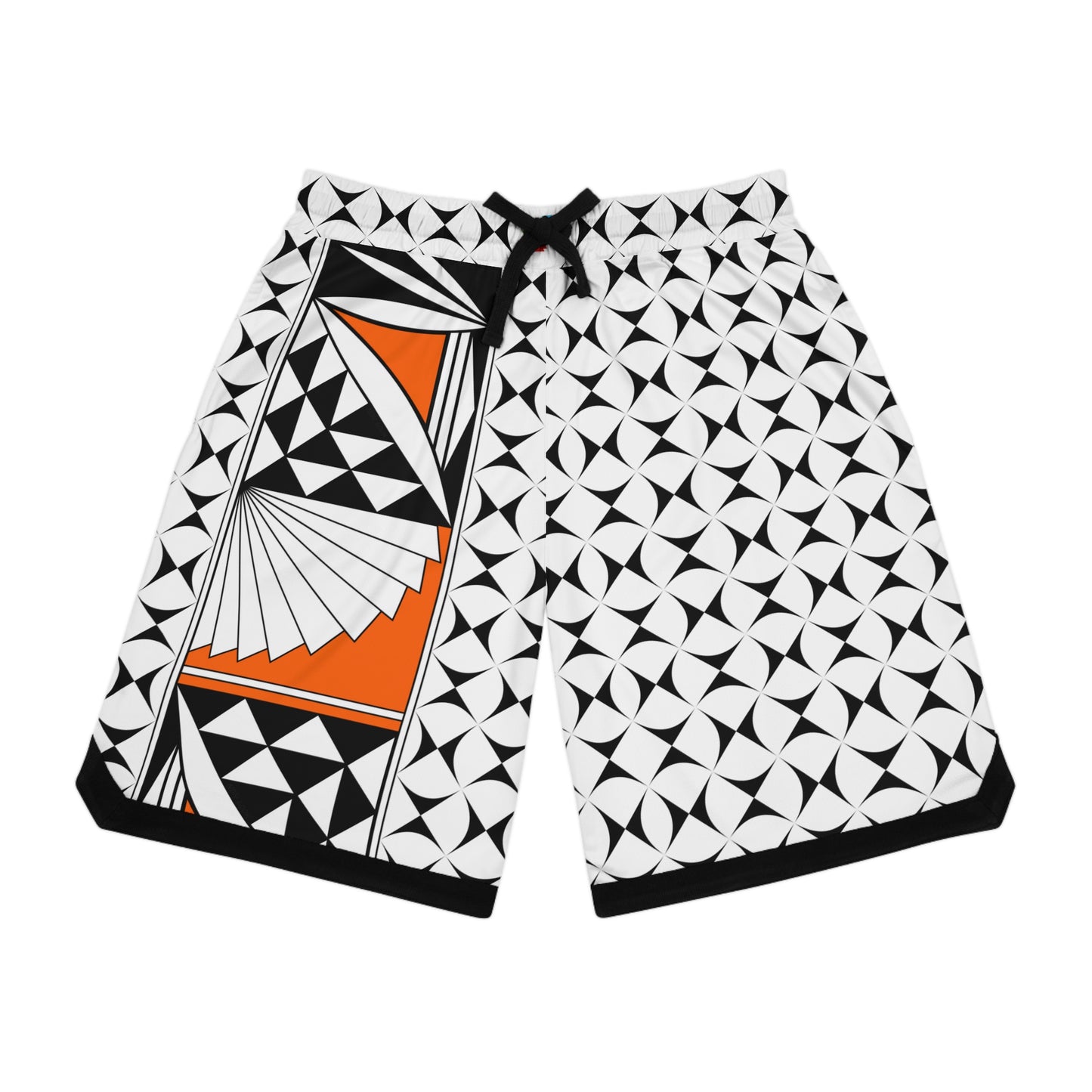 A pair of basketball shorts with a geometric pattern in black, white, and orange colors, featuring a ribbed bottom hem and black detailing.