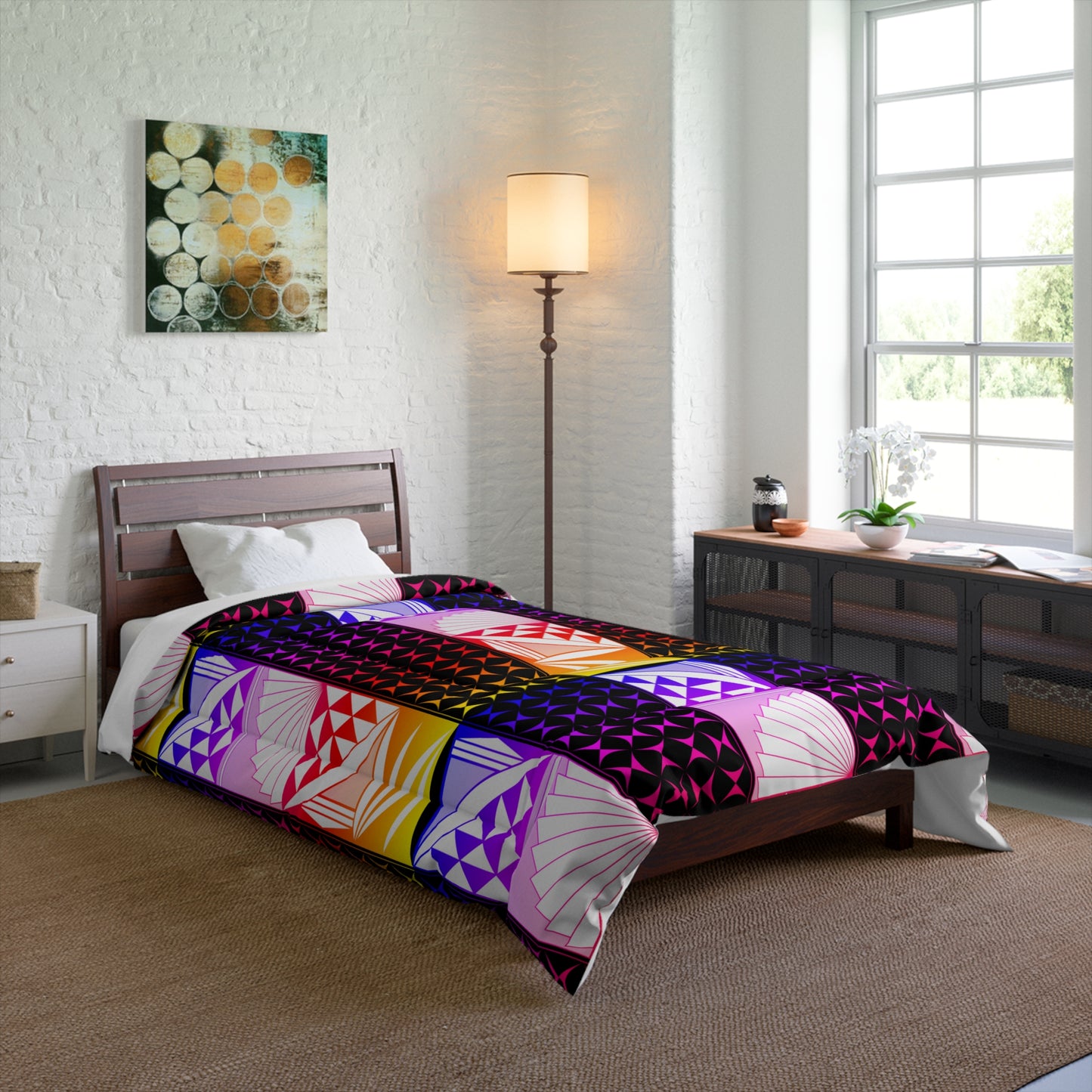 Rainbow Sunrise on Black Comforter