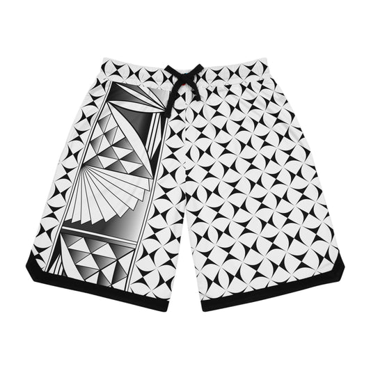 A pair of gray basketball shorts with a geometric pattern and black ribbed bottom hem and detailing.