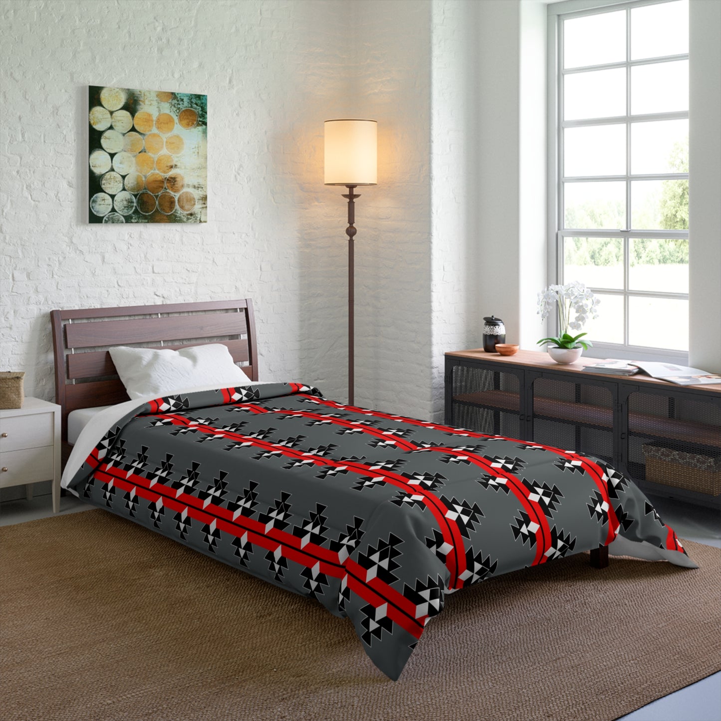 Native Woven Stories on Gray Comforter