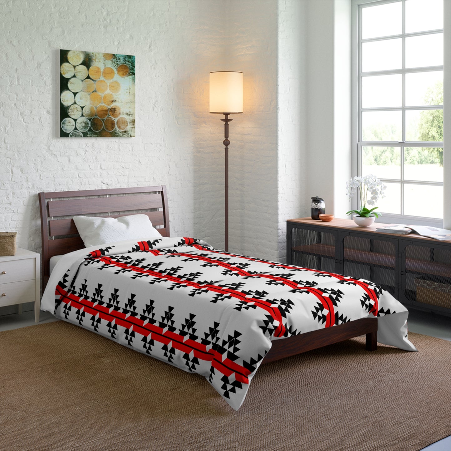 Native Woven Stories on White Comforter