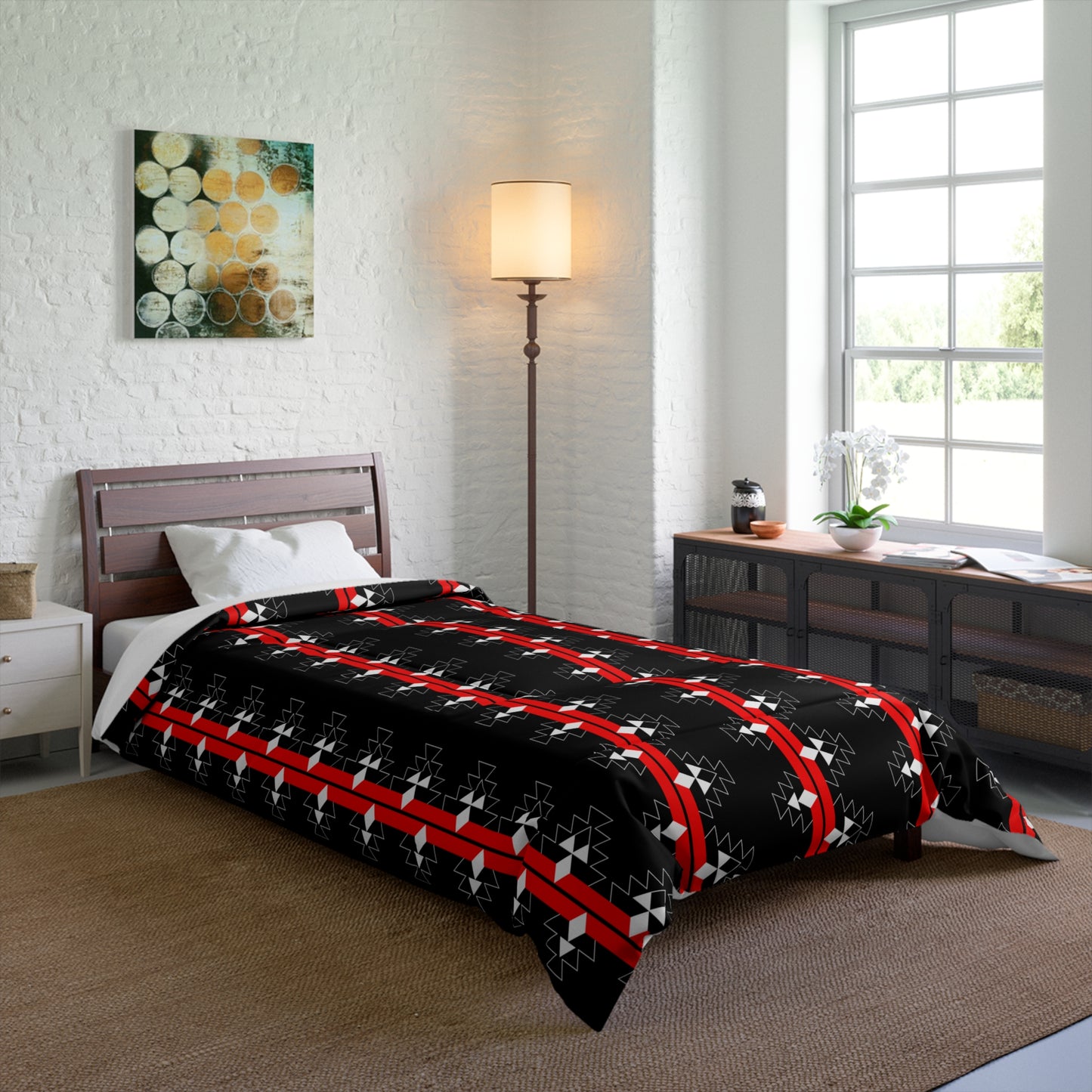 Native Woven Stories on Black Comforter