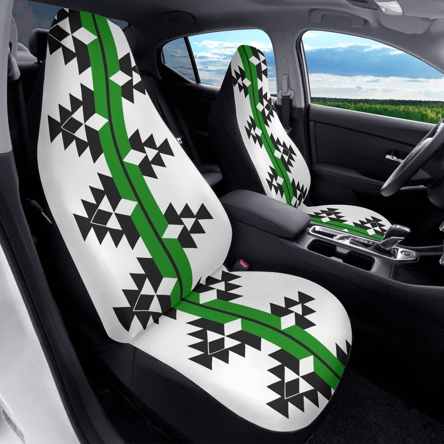 Native Woven Stories in Green Auto Seat Covers