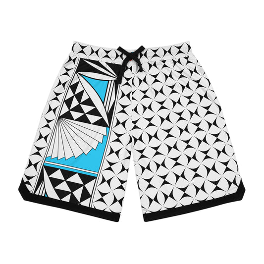 A pair of basketball shorts with a geometric pattern in black, white, and turquoise colors, featuring a ribbed bottom hem and black detailing.