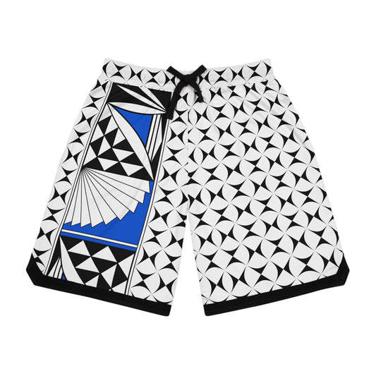 A pair of basketball shorts with a geometric pattern in black, white, and blue colors, featuring a ribbed bottom hem and black detailing.