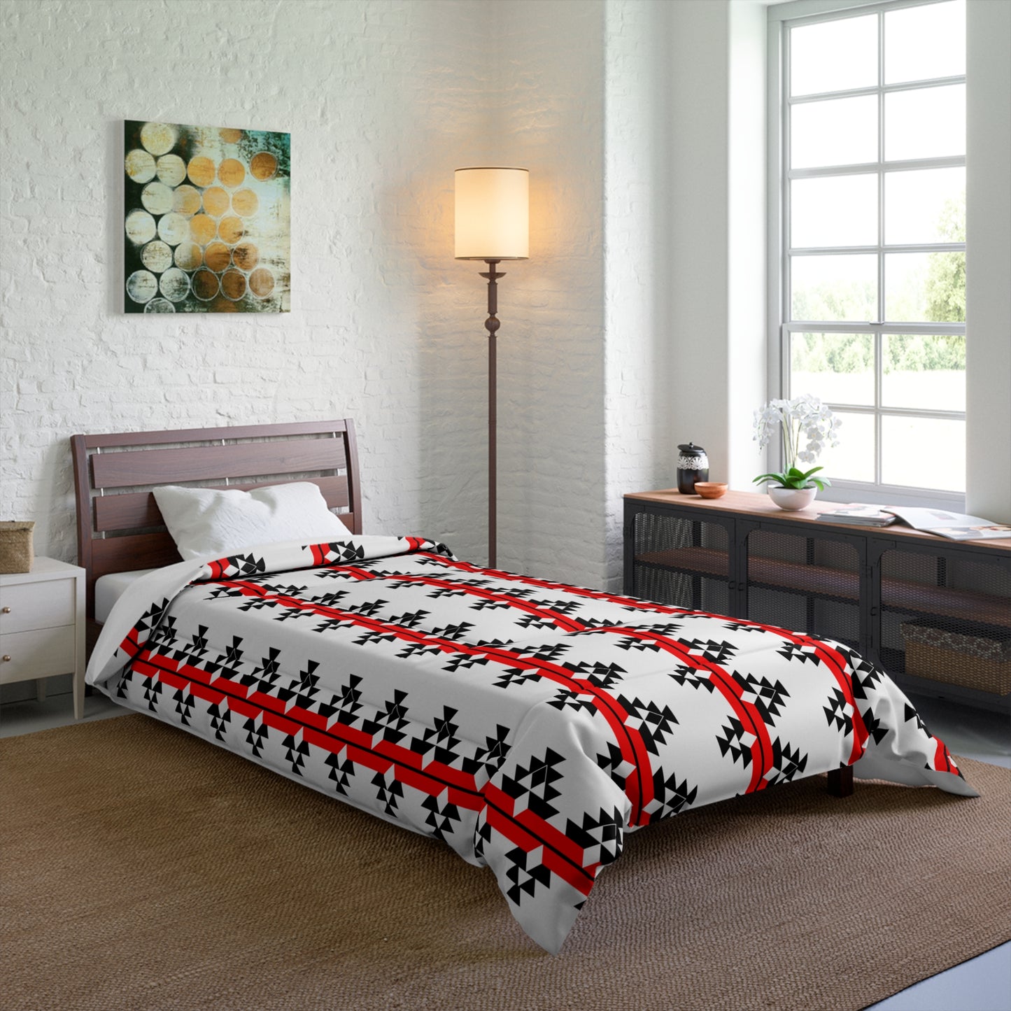 Native Woven Stories on White Comforter